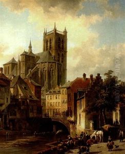 View Of The Town Of Huy On The Muese River, Belgium, With Cathedral by Jacques Francois Carabain