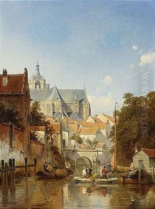 A Town Scene With Figures On A Canal