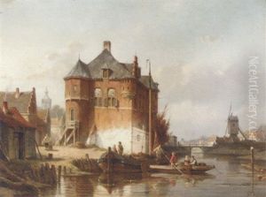 A View Of A Town With Figures Along The Banks Of A Canal