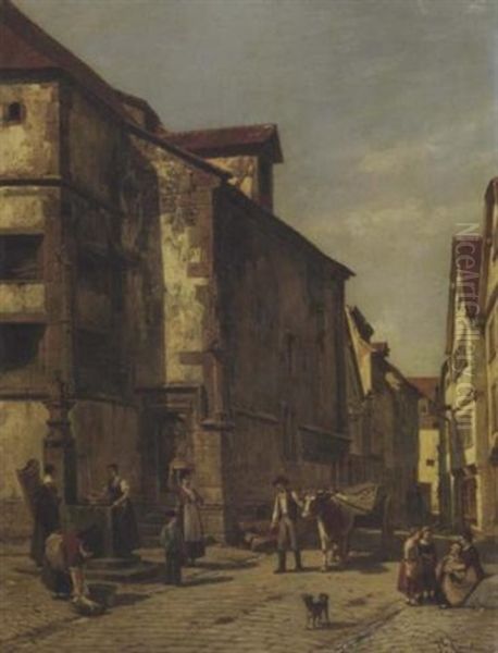 Villagers By A Fountain In A Sunny Street - view 1