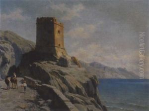 Kustenstrasschen Mit Maultier Und Familie Und Blick Auf Eine Burgruine by Jacques Francois Carabain