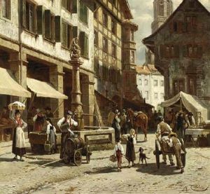 A Busy Market Square In A Town by Jacques Francois Carabain