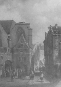 Townsfolk On Busy Street by Jacques Francois Carabain