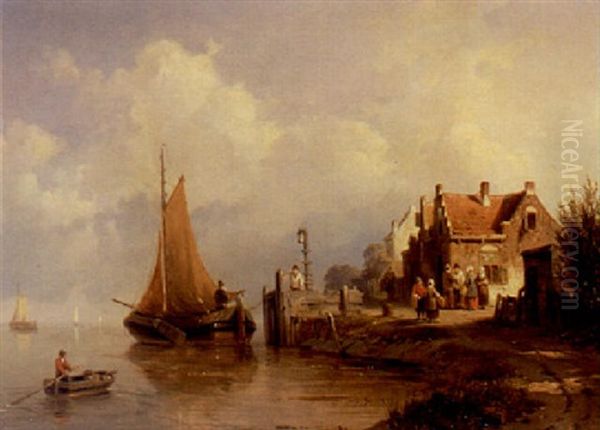 A River Landscape With A Sailing Vessel Near A Village - view 1