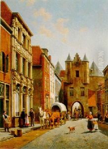 A Busy Continental Street by Jacques Francois Carabain