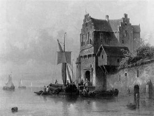 Moored Boats By A Fortified Mansion