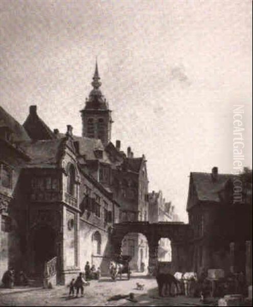A Continental Street Scene With Men Hauling Stones - view 1