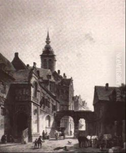 A Continental Street Scene With Men Hauling Stones by Jacques Francois Carabain