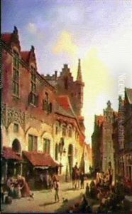 A Busy Street Market In A Continental Town by Jacques Francois Carabain