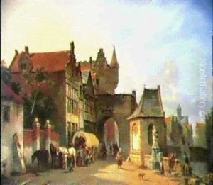 Continental Street Scene With Figures And A Horse And       Cart Beside A Canal