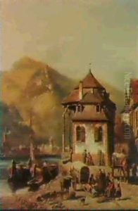 St. Goar On The Rhine, With St. Goarhausen And Katz Castle Beyond by Jacques Francois Carabain