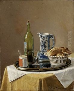 Stillleben Mit Delfter Krug, Weinflasche Und Porzellankorb Mit Brotchen