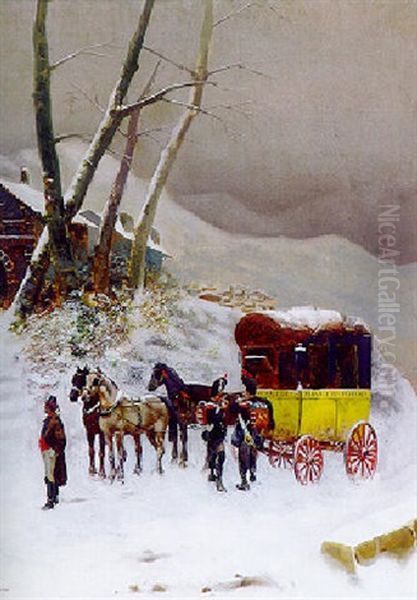 Verschneite, Winterliche Landschaft Mit Postkutsche - view 1