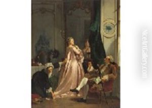 A Gentleman In A Brown Coat Seated In A Bergere, The Lady In A Pink Satin Dress Being Dressed By A Maid by Joseph Caraud