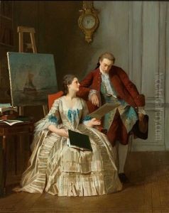 Galantes Paar Beim Studium Einer Zeichenmappe In Einem Klassizistisch Ausgestatteten Appartement