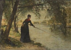 Femme Pechant En Bord De Seine