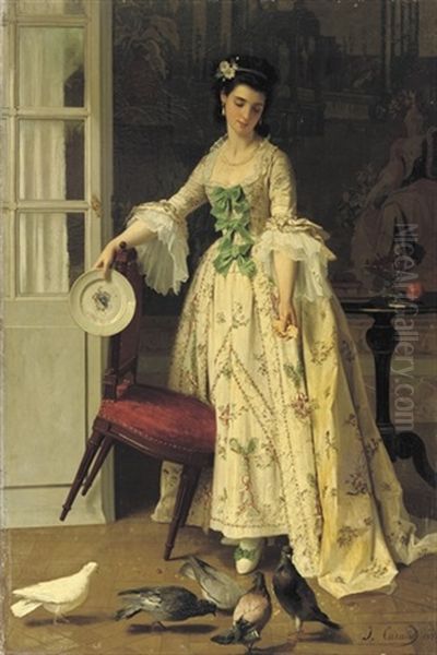 Feeding The Pigeons Whilst Holding A Chine De Commande Armorial Dinnerplate - view 1