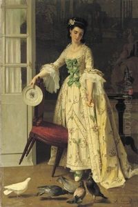 Feeding The Pigeons Whilst Holding A Chine De Commande Armorial Dinnerplate by Joseph Caraud