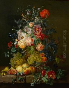 Still Life Of Fruit And Flowers On A Ledge