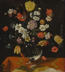 Vase Of Flowers On A Rug Covered Ledge by Michaelangelo Merisi Da Caravaggio