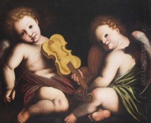 Zwei Musizierende Engel Mit Violine Und Laute by Michaelangelo Merisi Da Caravaggio