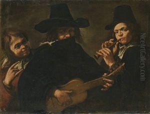 Two Musicians, Playing A Guitar And A Pipe, With Another Figure by Michaelangelo Merisi Da Caravaggio