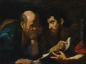 Two Male Saints, Probably The Evangelists Matthew And John, Discussing A Text by Michaelangelo Merisi Da Caravaggio