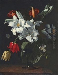 Lilies, Tulips And Other Flowers, In A Glass Vase, On A Ledge by Michaelangelo Merisi Da Caravaggio