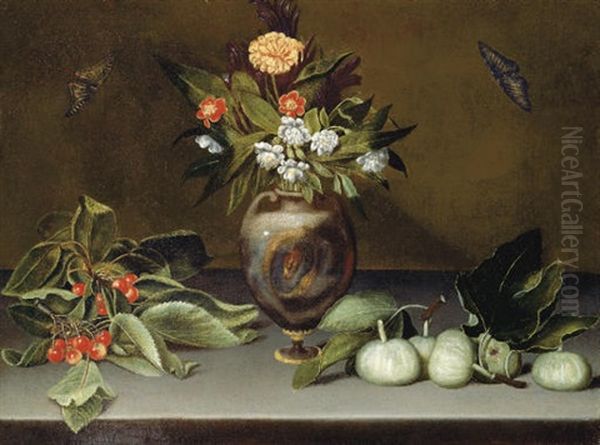 Narcissi And A Carnation In An Urn On A Stone Ledge With Cherries, Figs And Butterflies - view 1