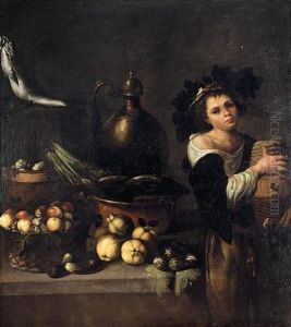 A Kitchen Still Life With A Servant Boy Holding A Cask Of Wine Beside A Table Laden With Fruit, Vegetables And Fish by Michaelangelo Merisi Da Caravaggio