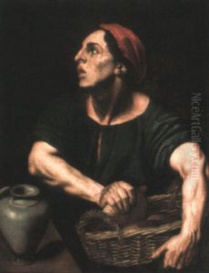 A Man Holding A Basket Of Bread, A Water Urn Beside Him by Michaelangelo Merisi Da Caravaggio