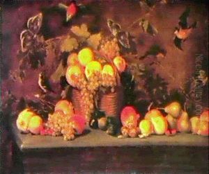 Nature Morte Au Panier De Fruits Avec Oiseaux Et Insectes Sur Un Entablement by Michaelangelo Merisi Da Caravaggio