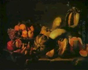 Naturaleza Muerta Con Canastilla De Frutas, Melones Y Calabazas Sobre Un Plinto De Piedra by Michaelangelo Merisi Da Caravaggio