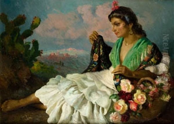 Gitana Con Cesto De Flores Y Manton - view 1
