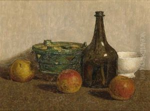 A Still Life With Apples, A Bottle And Earthenware