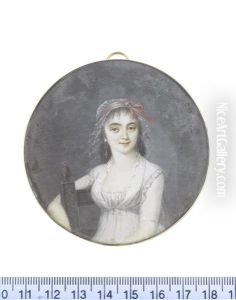 A Lady, Seated On A Chair And Wearing White Dress With Frilled Lace Trim And Matching Veil, Red Bandeau