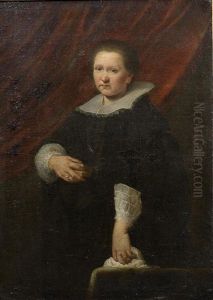 Portrait Of A Lady, Half-length, In A Black Dress, Standing Before A Curtain