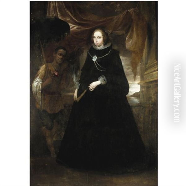 Portrait Of A Lady, Full Length, Holding A Fan, With Her Moorish Attendant Holding A Parasole - view 1