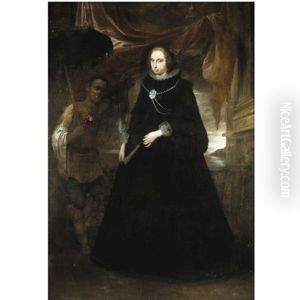 Portrait Of A Lady, Full Length, Holding A Fan, With Her Moorish Attendant Holding A Parasole by Giovanni Bernardo Carboni