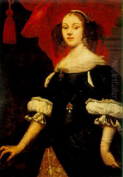 Portrait Of A Lady, Standing Three-quarter Length Against A Red Curtain - view 1