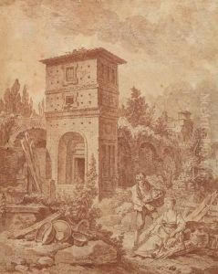 Le Galant Jardinier: Un Jardinier Offrant Une Pomme A Une Paysanneassise Dans Un Paysage Avec Une Tour by Jean-Francois Amand