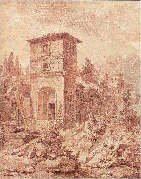 Couple De Paysans Dans Un Paysage De Ruines Romaines - view 1