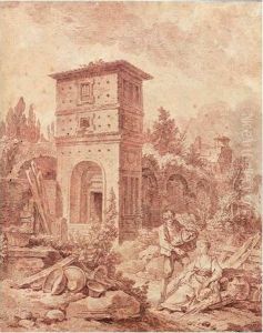 Couple De Paysans Dans Un Paysage De Ruines Romaines by Jean-Francois Amand