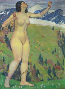 Stehender Akt Vor Alpenlandschaft by Emil Cardinaux