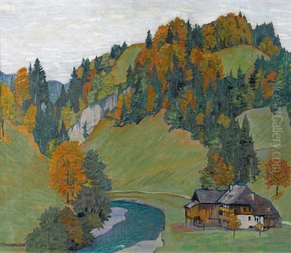 Herbstlandschaft Mit Gehoft An Einem Bach - view 1