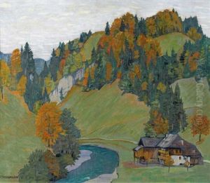 Herbstlandschaft Mit Gehoft An Einem Bach by Emil Cardinaux
