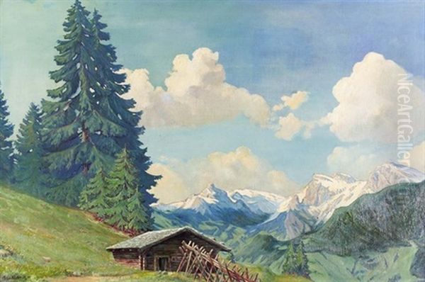 Sonnige Alpenlandschaft Mit Kleiner Holzhutte - view 1