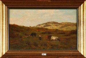Vachere Et Son Troupeau Dans Les Dunes by Charles Leon Cardon