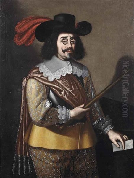 Portrait Of A General, Three-quarter-length, In A Golden Embroidered Coat, Orange Sash, White Lace Collar, Black Feathered Hat, And Eye-glasses... - view 1