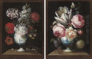 Roses, Polyanthas, Lilac And A Parrot Tulip (+ Another; Pair) by Johann Careel